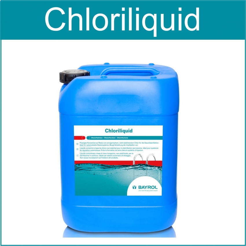 Flüssigchlor - stabilisiert  (Natriumhypochlorit) Zugabe über Dosieranlage. Wirkstoffgehalt ca.13 %